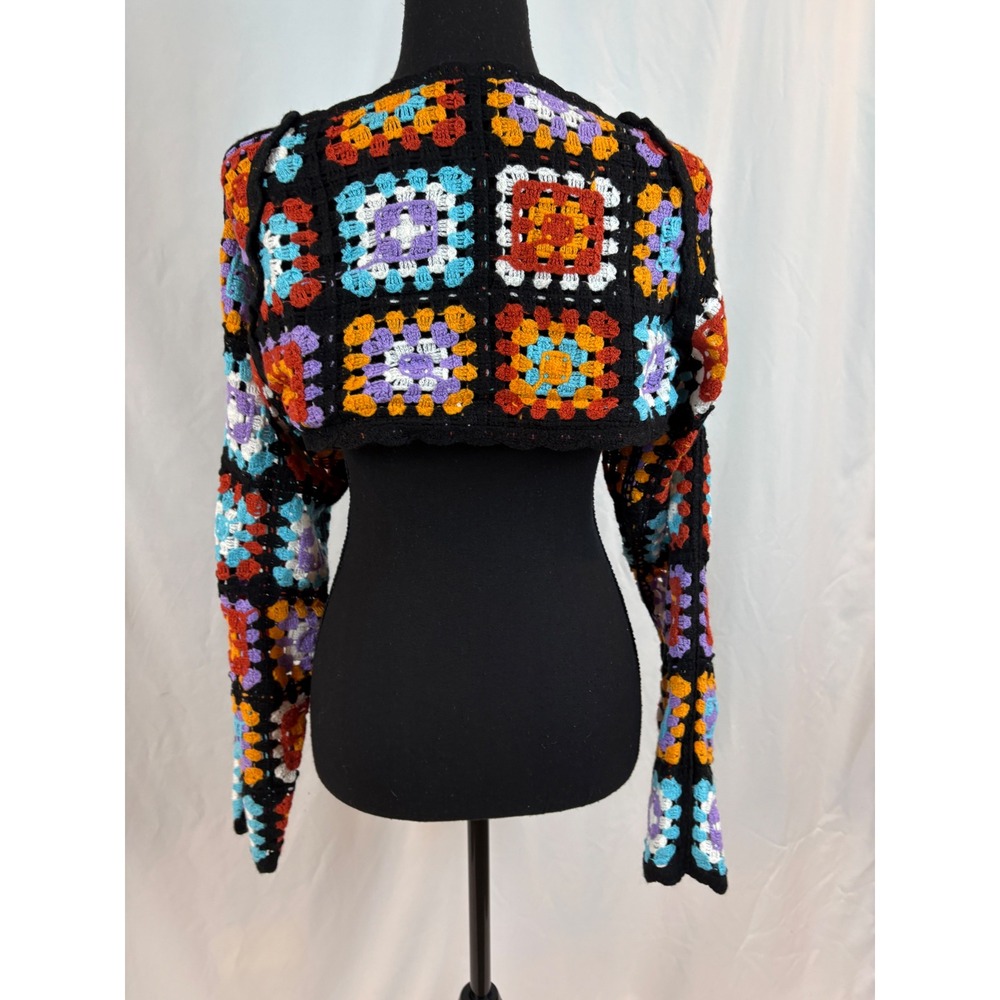 Multicolor Crochet Granny Square Shrug Bolero Cropped Cardigan Black Boho - Picture 7 of 11